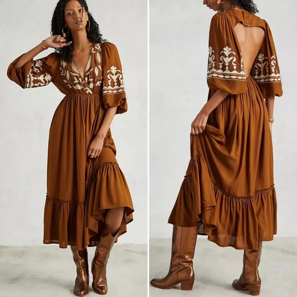 Anthropologie Boho Maxi Dress NWT Rich Brown Embroidered So Perfect & Stunning! - Picture 4 of 12